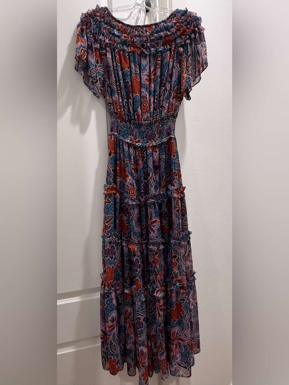 Misa Los Angeles Floral Tiered Maxi Dress in Blue and Rust